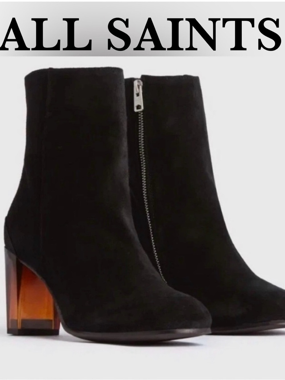 ALL SAINTS ROCA Black Suede Block Heel Ankle Boots